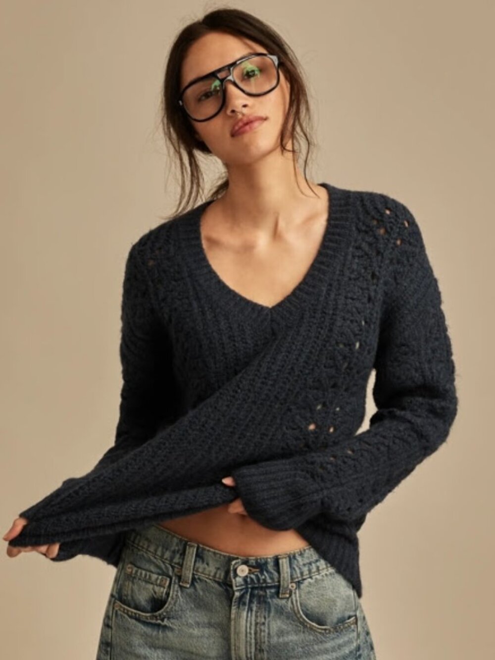 Lucky Brand V-Neck Cable Knit Sweater Blue Medium Pointelle Pullover